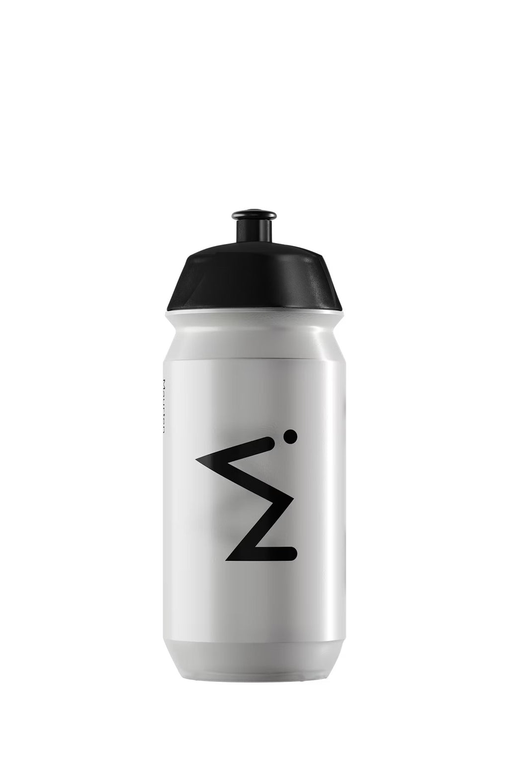 A white plastic water bottle with a black screw-on cap and a black stylized logo on the front, isolated on a white background.

