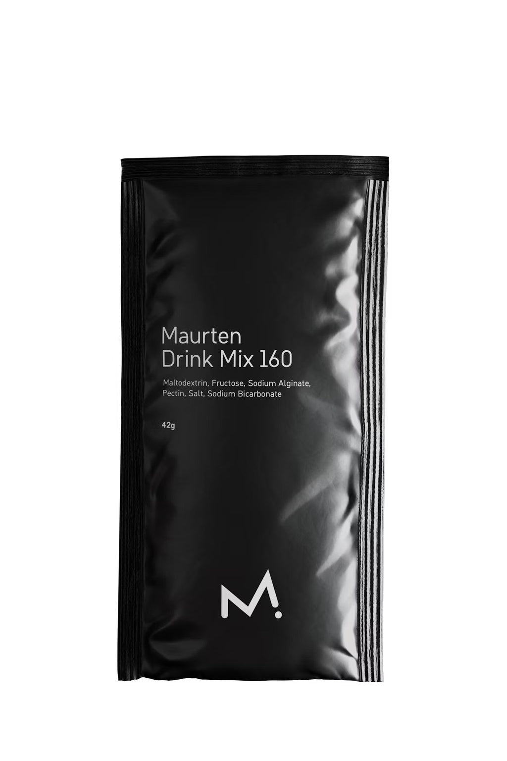 A black resealable pouch of Maurten Drink Mix 160 on a plain white background, with white text and a stylized white 'M' logo near the bottom.

