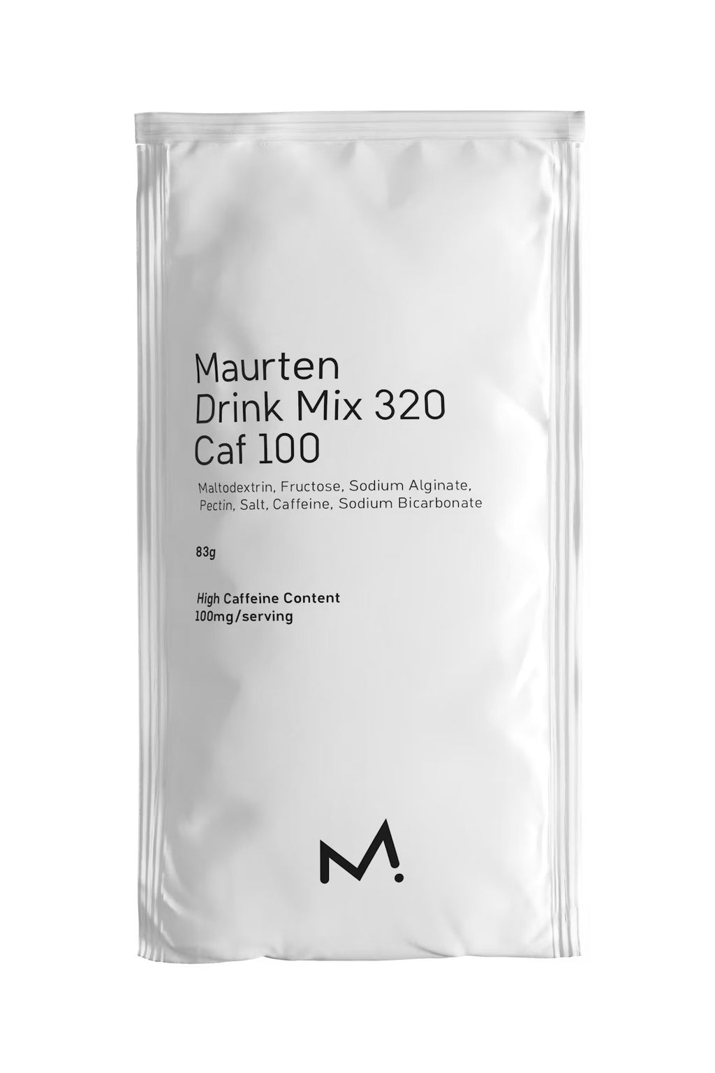A white stand-up pouch of Maurten Drink Mix 320 Caf 100, featuring black text and a stylized 'M.' logo at the bottom, set against a plain white background.

