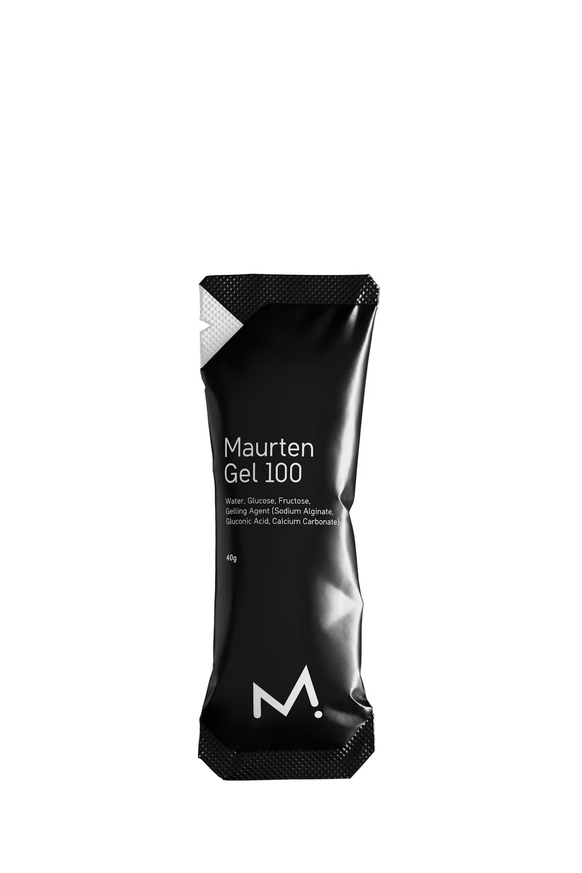 A single black squeeze packet of Maurten Gel 100, a German sports recovery gel, centered on a plain white background.

