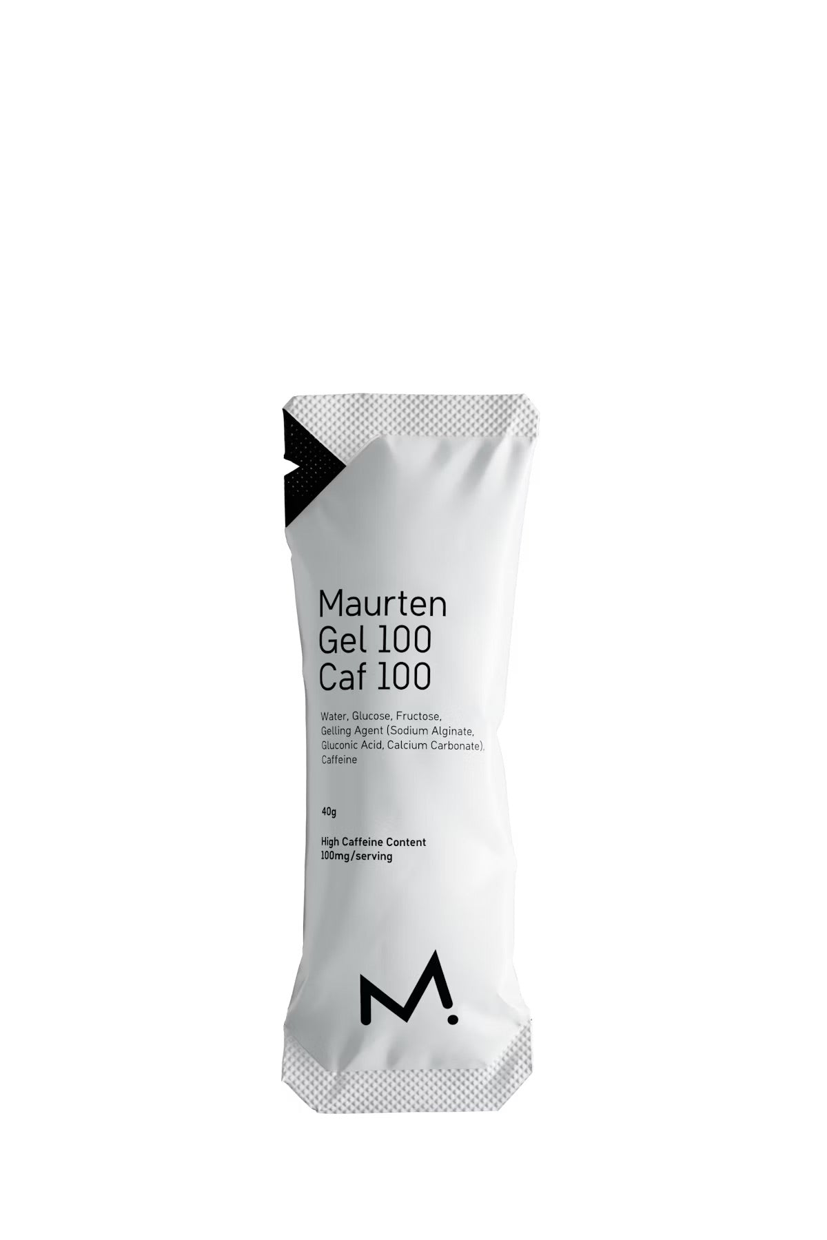 A single white sachet package labeled 'Maurten Gel 100 Caf 100' with black text and logo, centered on a plain white background.

