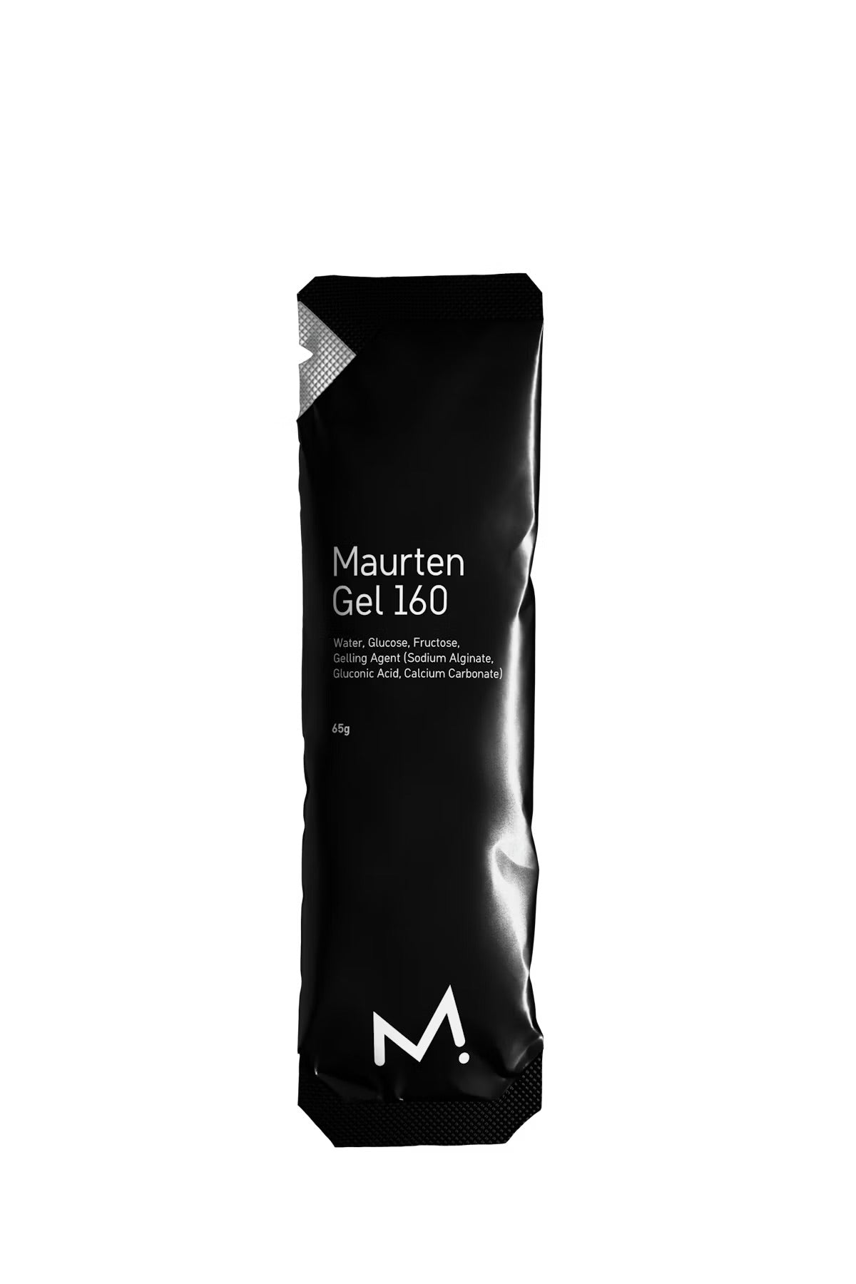 A single black sachet of Maurten Gel 160 dental gel, featuring white text and a white stylized 'M' logo near the bottom, set against a plain white background.

