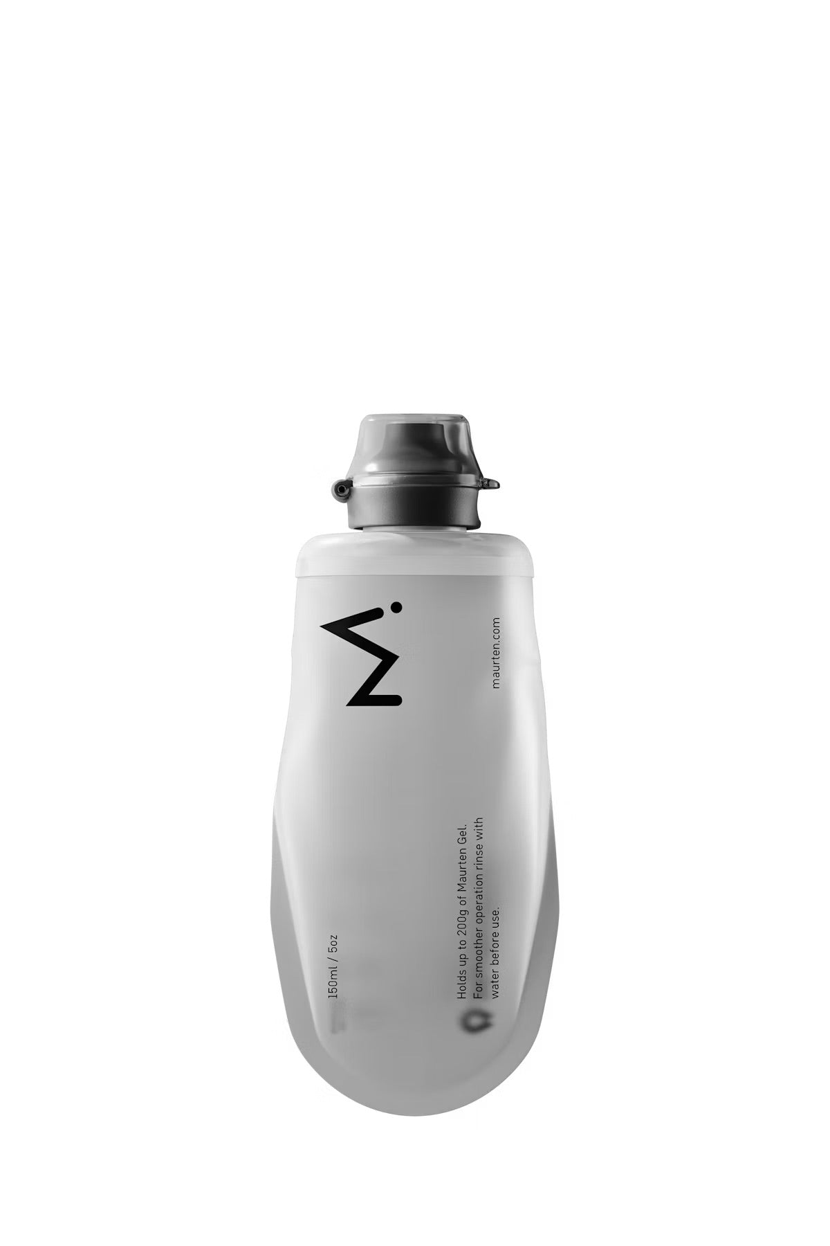 A white reusable water bottle with a dark gray cap, featuring a black stylized 'M' logo on the front, set against a plain white background.

