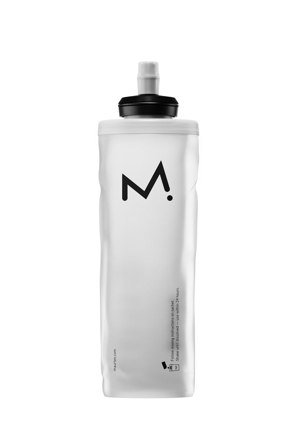A white collapsible water bottle with a black cap and a black stylized 'M' logo on the front, shown against a plain white background.

