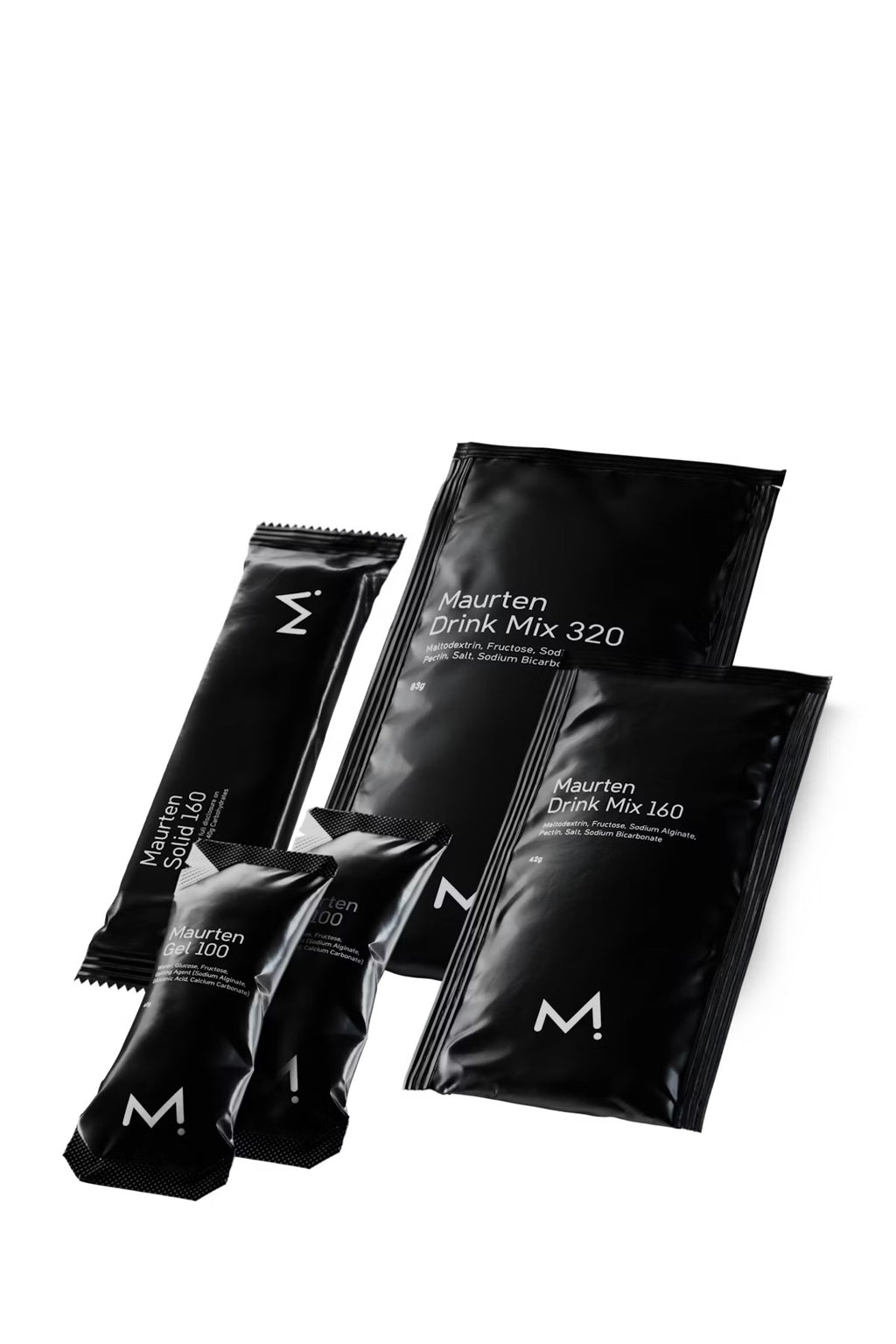 Maurten Test Collection Five black beverage mix packets from the brand logo M för Maurten. (including 100, 320, and 160 pack sizes) arranged on a clean white background.